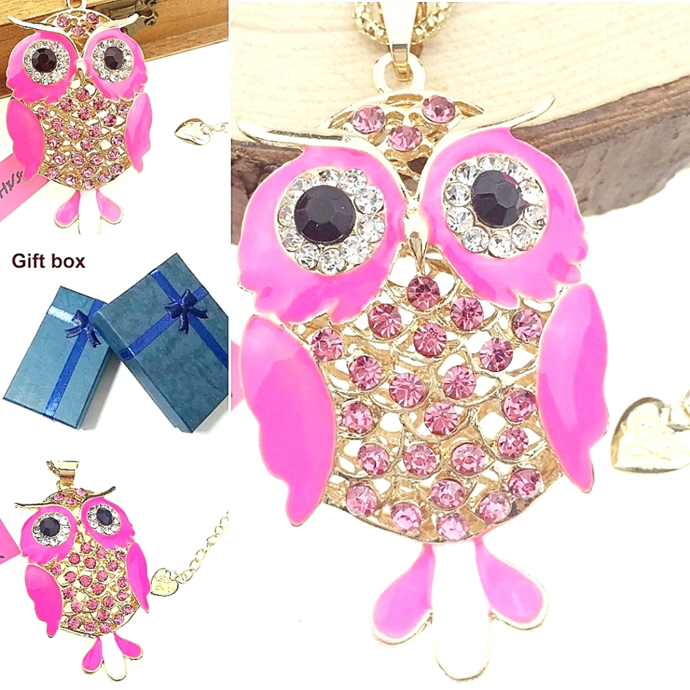Gold pink crystal owl pendant necklace